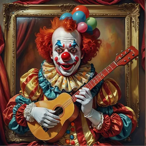 Prompt: (clown with a guitar, balloons on head), (art nouveau style), (vibrant color scheme), whimsical atmosphere, intricate floral patterns, airy and cheerful vibe, (highly detailed digital painting), ultrafine details, playful expressions, dynamic pose, elaborately designed clown costume, festive background elements, showcasing vivid colors and textures, (4K), captivating composition.