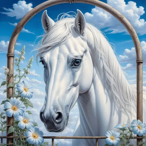 Prompt: (white horse), stands in a cage, with a delicate flower in its mouth, (bright blue sky) as the backdrop, (fantasy art), inspired by (Anne Stokes), dreamy atmosphere, ethereal and enchanting, airbrush painting style, soft and vibrant colors, (ultra-detailed), captivating and imaginative scene, harmonizing nature and fantasy elements, invoking a sense of wonder and serenity.