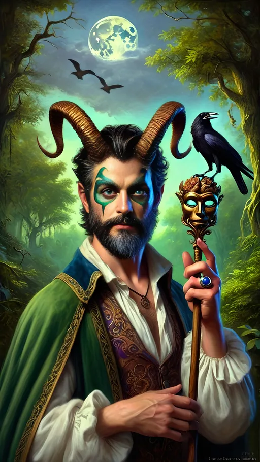 Prompt: (Renaissance oil painting), (vibrant color scheme), a finely detailed portrayal of a magician transforming into a satyr amidst the lush Arcadia, dedicated to Pan and Nuit, featuring elaborate horn details and a sparkling orb atop his wand, a graceful bird perched on his shoulder, surrounded by enchanting flora and soft, ethereal lighting, evoking a magical and mystical atmosphere, (ultra-detailed), richly textured background.