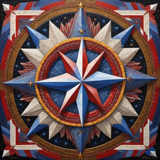 Prompt: (detailed painting), (symbolic star), vibrant colors of the United States, intricate symbols representing America, rich textures, depth in colors, blend of traditional and modern regionalism themes, expressing unity and diversity, profound visual storytelling, captures the essence of American identity, ultra-detailed, a masterpiece celebrating the spirit of the nation.