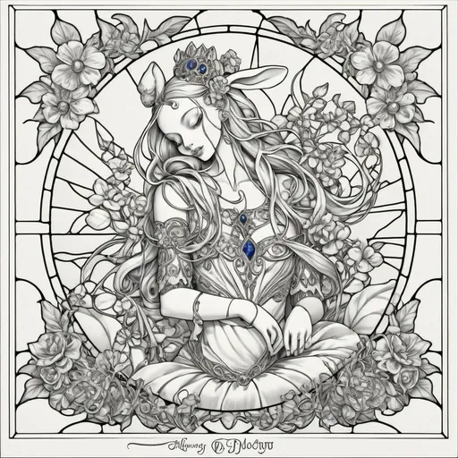 Prompt: A Seven Wonders Art Glass Studio (SWAG) window pattern (traced image) with a rabbit and flowers in it, and a sunburst above it, and a stained glass window with flowers and leaves, art nouveau, intricate linework, lineart.  (Honoring Nuit)