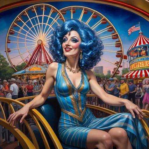 Prompt: (A Seven Wonders Art Glass Studio oil masterpiece) Art Deco style, vibrant color scheme, a lively group of drag queens in extravagant clothing, ascending a fantastical roller coaster in Liberty Park, joyful expressions, others on a colorful Ferris wheel, overlooking local attractions, honoring Nuit, dynamic composition, rich details, luxurious textures, atmospheric vibrant lighting, ultra-detailed, celebratory ambiance.