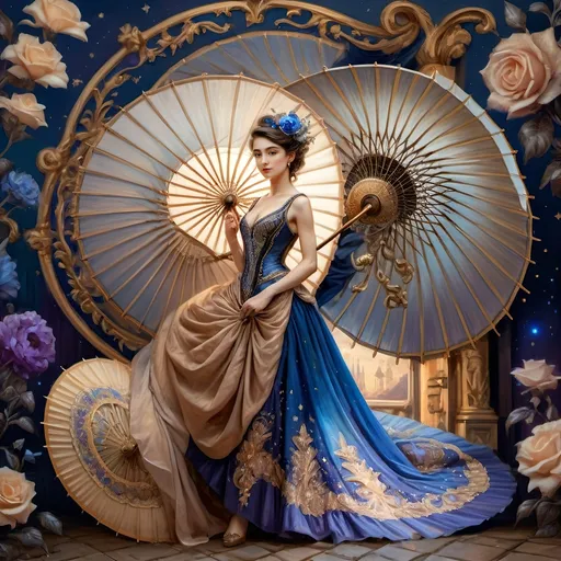 Prompt: (oil painting), (exquisite craftsmanship), woman in a flowing dress, elegant pose, holding a vibrant, intricately detailed parasol, inspired by Nuit, celestial themes, rich blues and purples, subtle glimmers of stars, warm golden light casting soft shadows, dreamy atmosphere, art radiating grace and beauty, ultra-detailed, 4K quality, timeless and captivating.