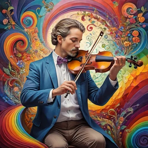 Prompt: art nouveau style, (vibrant colors), painting of a man playing violin, intricate items surrounding him, complex rainbow swirl background, (emotion of harmony and creativity), surreal depiction of sound waves as colors, rhythmic patterns, expressive facial features, ethereal ambiance, whimsical elements, (HD), highly detailed masterpiece.