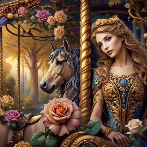 Prompt: Art Nouveau Carousel scene, (elegant woman with horse), (vibrant roses), soft pastel color scheme, (hues of gold and azure), romantic and whimsical atmosphere, detailed decorative elements, intricate designs, enchanting background featuring the (beautiful carousel), ethereal lighting, showcasing the beauty of Nuit, (ultra-detailed, 4K), dreamlike imagery blending nature and artistry.