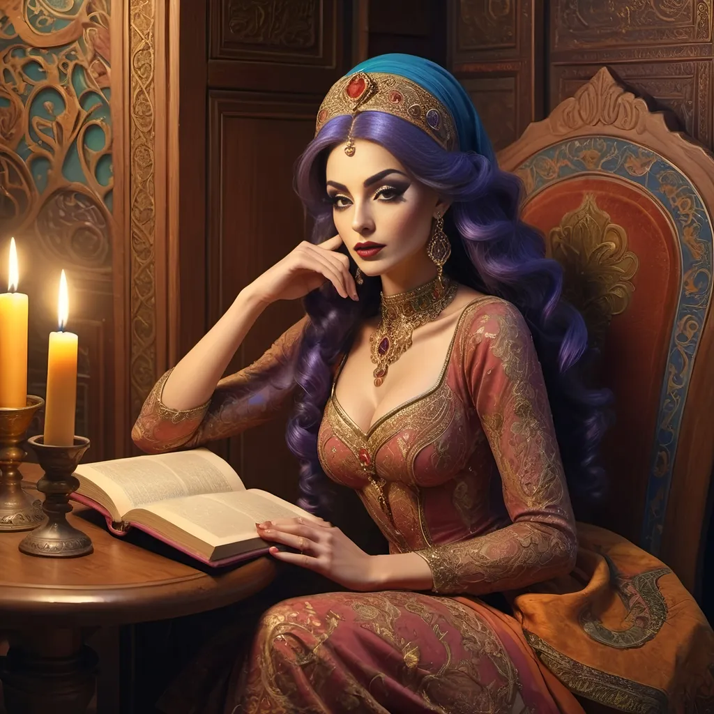 Prompt: (Altoon Sultan inspired art), (Qajar style), (Elegant Art Nouveau), a thoughtful genie drag queen with a beard, seated gracefully at a beautifully crafted wooden table, intricately detailed, an ancient book lying open, a flickering candle casting warm light, enchanting atmosphere, dreamy ambiance, vivid and rich colors, high detail, 4K, exquisite textures, an air of mystery and depth.