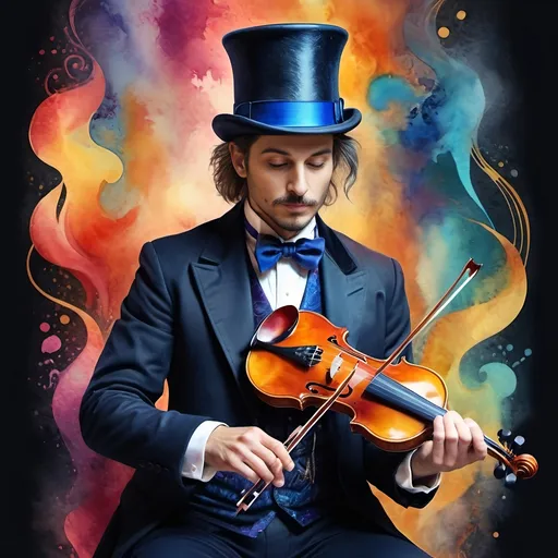 Prompt: watercolor style, (vibrant color scheme), Renaissance art still life, portrait of a magician in a (top hat), violin by side, visual sound waves, (colorful flowing waves) in and out of ears, dynamic hues capturing sound rhythms, surreal blending of colors, (intricate details), (4K ultra-detailed), whimsical atmosphere combining music and magic, lively yet thoughtful ambiance radiating creativity.