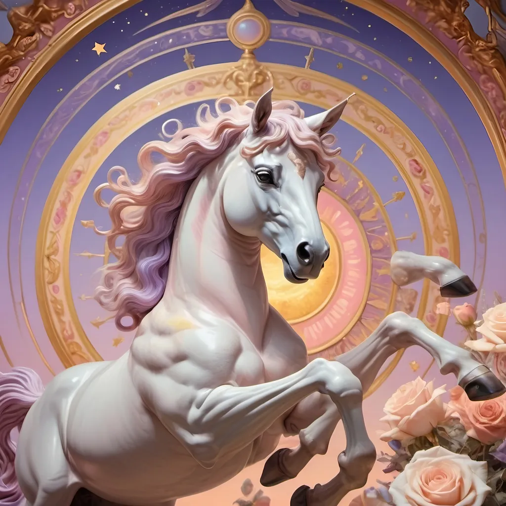 Prompt: (richly detailed portrait of Apollo), (carousel of Humanity), Renaissance art style, pastel color scheme, warm sunlight merging with celestial motifs, dynamic magical elements swirling around, ethereal background with hints of Nuit and Hadit symbolism, enhanced ethereality, soft rose and lavender hues, soft glowing light reflections, high quality 4K illustration.