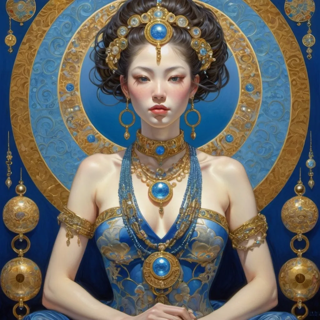 Prompt: (realistic painting of a woman with a large head), intricately adorned body covered in jewelry, set against a (striking blue background), featuring a (radiant gold circle), inspired by the styles of (Donato Giancola) and (Yukito Kishiro), in a vivid (cloisonnism) technique, showcasing high detail and depth, (masterpiece quality), evoking an enchanting and whimsical ambiance.