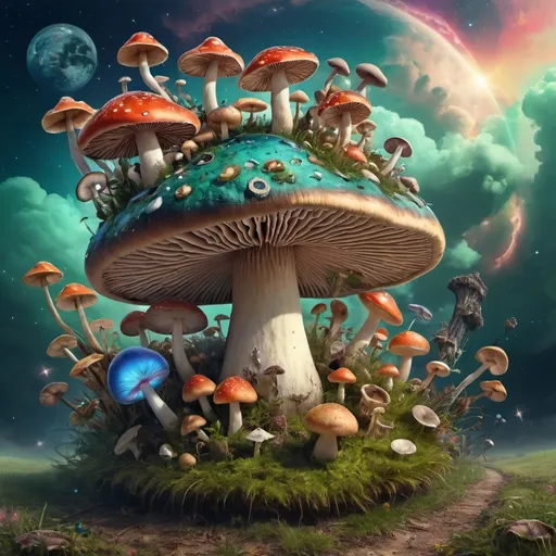 Prompt: a mushroom with a lot of different things around it in the sky and on the ground, all around it, Art Green, psychedelic art, fantasy artwork, digital art