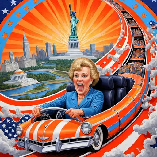 Prompt: (accurately spelled text "Yankee Doodler"), (psychedelic style), (vibrant color scheme), detailed painting, a Russian holding a Florida Orange symbolizing Republican endorsement of Russian authority and control over the U.S., in a thrilling roller coaster car, American flag dramatically waving, intricate Washington D.C. skyline in the background, surreal elements, dynamic perspective, bursting colors, high depth cinematic masterpiece.