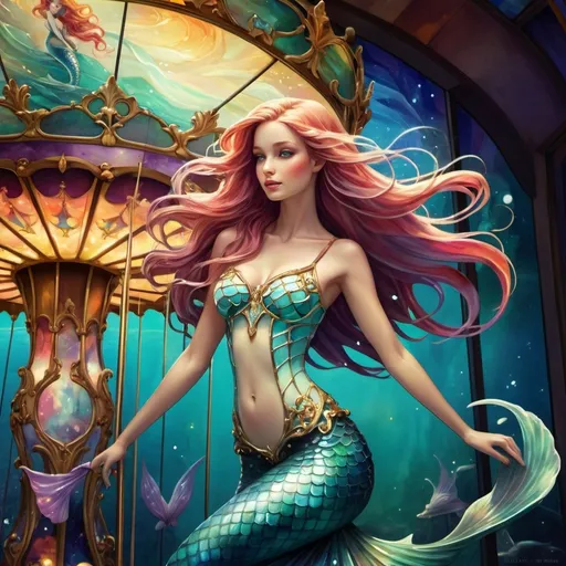 Prompt: (misc-stained glass style), vibrant color scheme, a beautiful mermaid with (long, flowing hair), standing gracefully in front of a whimsical carousel, illuminated by a (glowing light) on its side, a magical star twinkling above her head, by Anna Dittmann, (fantasy art), (masterpiece), (ultra-detailed painting), (dreamy ambiance), rich colors, enchanting atmosphere, immersive fantasy scene.