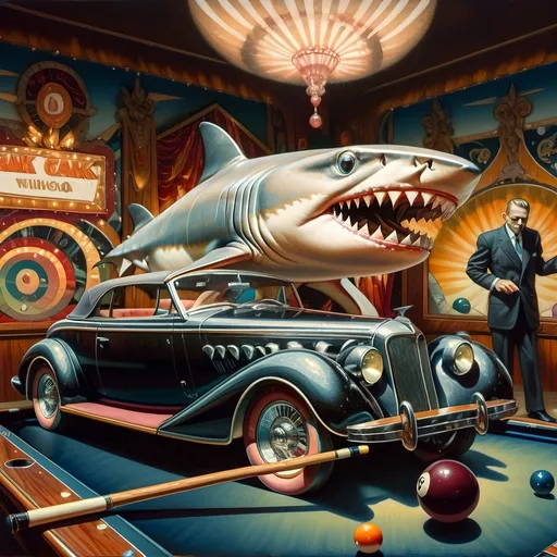 Prompt: a shark in a suit playing pool with a pool cueil and a pool ball in front of him, F. Scott Hess, pop surrealism, classical painting, a fine art painting y 7 Wonders Art Glass Studio honoring Nuit