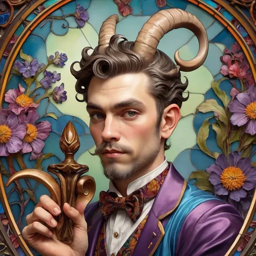 Prompt: (Art Nouveau style) Satyr man, detailed (stained glass and porcelain horns), vibrant colors, intricate (Japanese influence), still-life portrait, lush floral background, artistic elegance, ethereal atmosphere, emphasis on colorful patterns, high contrast, (ultra-detailed), mesmerizing composition, harmonious color palette, luxurious textures, enchanting ambiance, captivating yet serene vibe, artistic masterpiece.