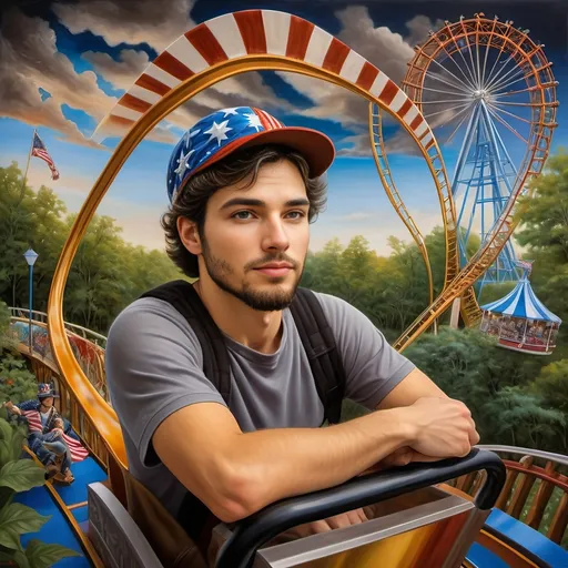 Prompt: A masterpiece painting by A Seven Wonders Art Glass Studio, (vibrant colors), depicting a man in a (patriotic hat) riding the (Freedom rollercoaster) in D.C.’s (new amusement park) named Freedom Park. The background features (dynamic amusement park rides), (lush greenery), and the spirit of (freedom) runs throughout. A symbolic homage to Nuit, with a (breathtaking sky) above, featuring (warm light) detailing and a victorious atmosphere, encapsulated in (ultra-detailed) art.