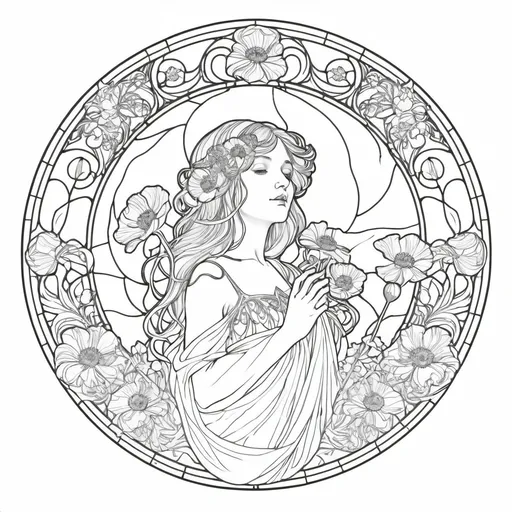 Prompt: A Seven Wonders Art Glass Studio Art Nouveau designed stained glass window with poppy flowers and a line drawing of flowers in the middle, Alfonse Mucha, art nouveau, line art, lineart.  Honoring Nuit.