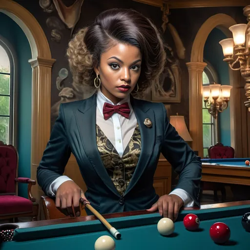 Prompt: (shark in a suit, playing pool), fine art, (pop surrealism) influences, classical painting style, whimsical atmosphere, (detailed textures), vibrant color tones, deep blues and greens, mixed with rich burgundies, engaging composition, pool cues and balls (surreal twist), intricately painted background with elements of artistry, 4K quality, (evocative mood), inspired by 7 Wonders Art Glass Studio, honoring Nuit.