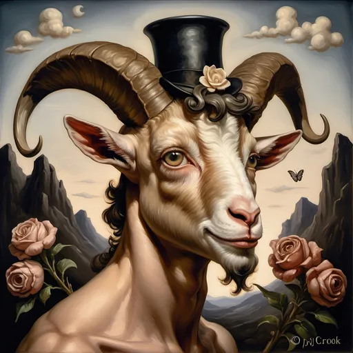 Prompt: A Seven Wonders Art Glass Studio oil masterpiece painting of a goat with a top hat and flowers on its head and a butterfly honoring Nuit.  Commissioned Spring Equinox 1467 Renaissance pop surrealism, pj crook, a detailed painting