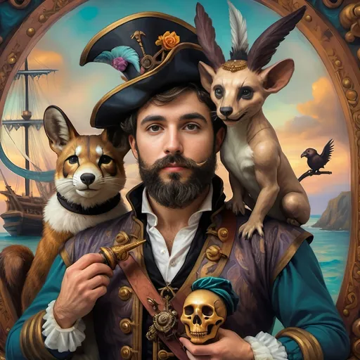 Prompt: (Renaissance oil painting "Honoring Nuit"), A highly detailed image of a pirate man and his lover dressed in ornate pirate costumes of the Conquistador period, dramatically posed together in front of a majestic ship adorned with a skull, lush vibrant colors, rich textures, mystical atmosphere, cinematic depth, featuring intricate backgrounds, a beautiful sunset sky, 4K, fantasy art influence, captures the essence of adventure and romance within this oil painted masterpiece.