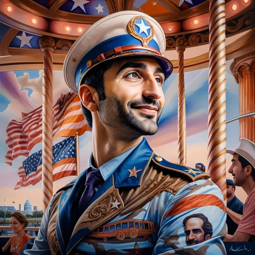 Prompt: (A masterpiece oil painting) of a man in (military uniform), riding the (Carousel of Heroes), vibrant colors highlighting the ornate design of the carousel. The scene is filled with a (nostalgic atmosphere), paying homage to (veterans and active military). Whispering elements of (honor) and (courage) are present, with artistic flourishes emphasizing the essence of (Nuit). The overall feel is (dramatic) and uplifting, portraying both valor and beauty in high definition.