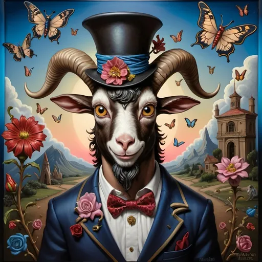 Prompt: (A seven wonders art glass studio) masterpiece oil painting, detailed depiction of a whimsical goat wearing a (top hat) adorned with vibrant flowers, accompanied by a graceful butterfly symbolizing Nuit. Spring Equinox 1467, infused with (Renaissance) influences, demonstrating a blend of pop surrealism in the style of pj crook, vivid colors and intricate details create a captivating atmosphere. 