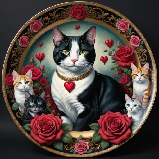 Prompt: (ultrafine detailed painting) queen of hearts, surrounded by (graceful cats), (lush roses), and roses elegantly arranged on a decorative plate with a playful cat on it, (gothic art style), vibrant colors blending into intricate patterns, moody and enchanting atmosphere, high-definition, showcasing romanticism and rich textures in a visually stunning digital masterpiece.