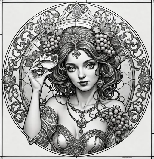 Prompt: (black and white), detailed line drawing, stained glass pattern, inspired by Art Nouveau, featuring Bacchus, grapes and wine glass in hand, intricate copper foil technique, beautiful ornamental swirls, captivating elegance, perfect for coloring and cutting dye templates, character portrait, artistic and inviting, enchanting atmosphere, high-quality illustration, ideal for artistic expression and creativity.