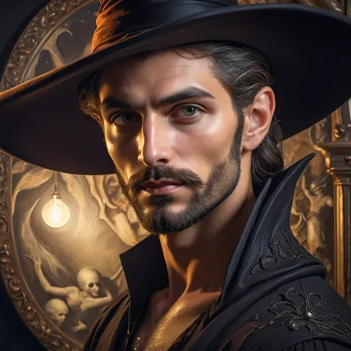 Prompt: (honoring Nuit), moon and stars) captivating handsome man magician, pointed witch hat, facial features highlighted, elegant beard, (renaissance baroque painting style), dark mystical background, rich deep colors with dramatic contrast, elements of Halloween celebration in still life arrangement, enigmatic ambiance, intricate shadows and light, (highly detailed), evoking intrigue and enchantment.