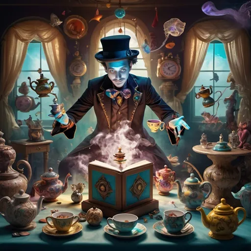 Prompt: (Still life portrait) of a magician jack-in-the-box man, (psychedelic style), vibrant color scheme, surrounded by whimsical teapots and floating magical items, colorful tea party atmosphere, (open book) in front, enchanting details unfolding, dreamy background, magical surrealism, explosive color contrasts, (ultra-detailed) composition, captivating light effects, cheerful yet enchanting mood, an exploration of imagination and wonder.