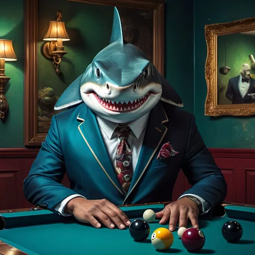 Prompt: (shark in a suit, playing pool), fine art, (pop surrealism) influences, classical painting style, whimsical atmosphere, (detailed textures), vibrant color tones, deep blues and greens, mixed with rich burgundies, engaging composition, pool cues and balls (surreal twist), intricately painted background with elements of artistry, 4K quality, (evocative mood), inspired by 7 Wonders Art Glass Studio, honoring Nuit.