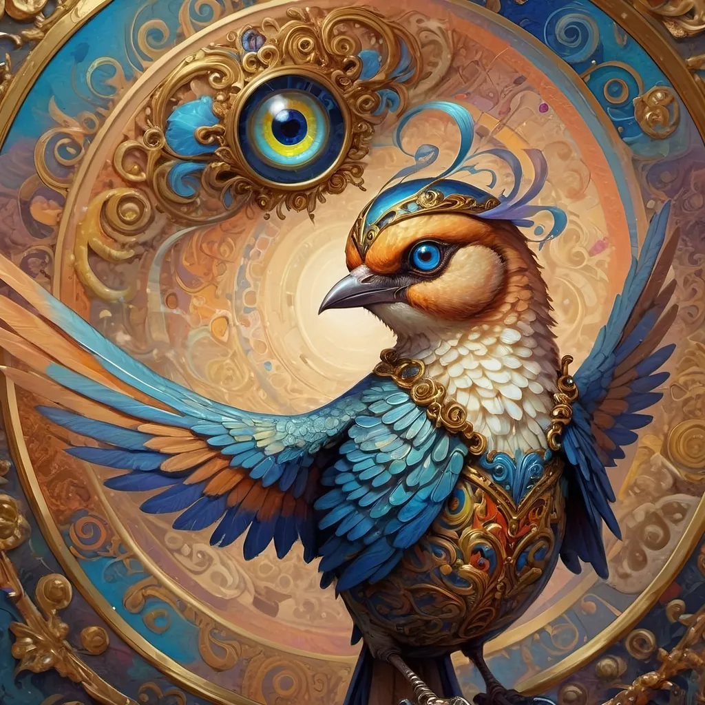 Prompt: a painting of a colorful bird with a circular background and a gold ring around it's neck and a blue eye, Android Jones, psychedelic art, highly detailed digital painting, a detailed painting