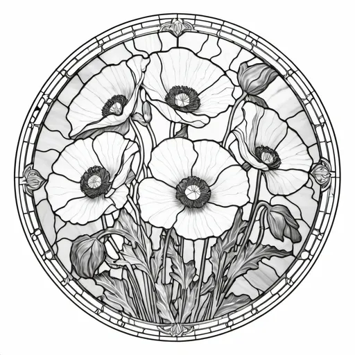 Prompt: A Seven Wonders Art Glass Studio Art Nouveau designed stained glass window with poppy flowers and a line drawing of flowers in the middle, Alfonse Mucha, art nouveau, line art, lineart.  (Honoring the Aeon of Horus).