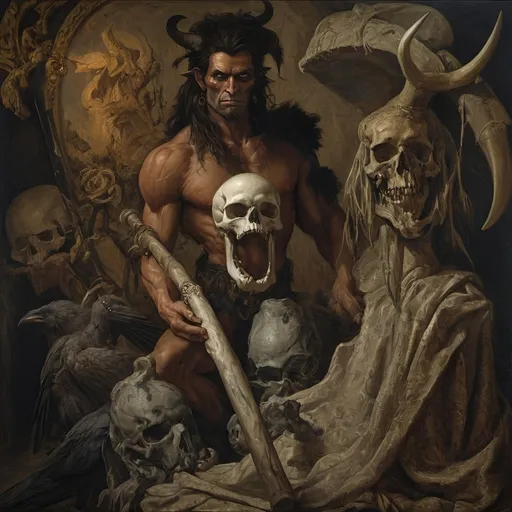 Prompt: (Renaissance still life) (man magician satyr), (dark color scheme), (elegant pose), intricately detailed horns, holding a cane topped with a (skull orb), a menacing (skull orc) at his side, a (crow) gracefully perched on his shoulder, rich textures, captivating shadows, high contrast highlights, evoking a sense of mystical allure, enhanced with (ultra-detailed) features, atmospheric depth and somber elegance.