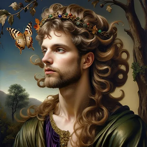 Prompt: (Honoring Nuit, Autumn Equinox), (Renaissance style), woman depicted as nature, flowing dress, butterfly in hair, rich and dark color palette, lush foliage backdrop, mood of serenity and mystery, intricate details in hair and dress, soft chiaroscuro lighting, evocative atmosphere, ultra-detailed, masterful composition, capturing the essence of autumn transition.