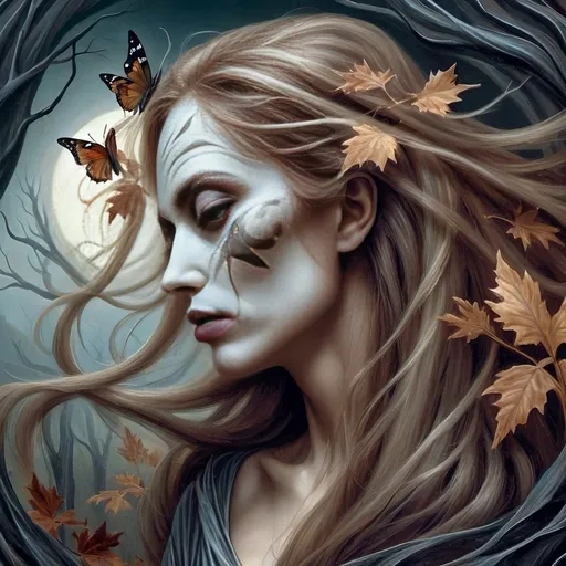 Prompt: (Honoring Nuit, Autumn Equinox), (Renaissance style), woman depicted as nature, flowing dress, butterfly in hair, rich and dark color palette, lush foliage backdrop, mood of serenity and mystery, intricate details in hair and dress, soft chiaroscuro lighting, evocative atmosphere, ultra-detailed, masterful composition, capturing the essence of autumn transition.