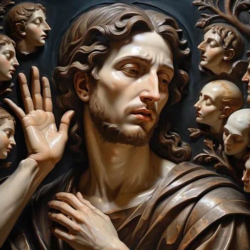 Prompt: (renaissance oil mural), dark color scheme, detailed still life, (close-up) of Adam with porcelain-like cracked face, spiritual themes, God figure, Adam expressing farewell, spirits releasing, dramatic lighting, intricate textures, somber yet profound atmosphere, ethereal elements, ultra-detailed, high quality, deep emotional resonance in depiction.