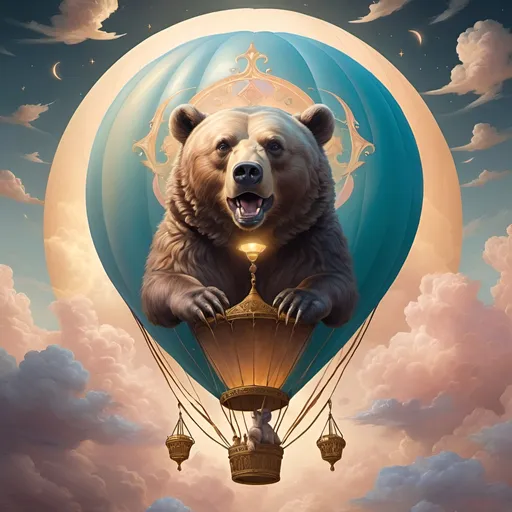 Prompt: (Renaissance art style), (pastel color scheme), a bear floating gracefully on a balloon representing courage, the Thelemic deities of Nuit, Hadit, and Horus softly outlined in atmospheric clouds, ethereal light illuminating the scene, conveying a sense of divine tranquility and strength, high detail, dreamy ambiance, exploring themes of freedom and enlightenment within the grandeur of celestial influences. 