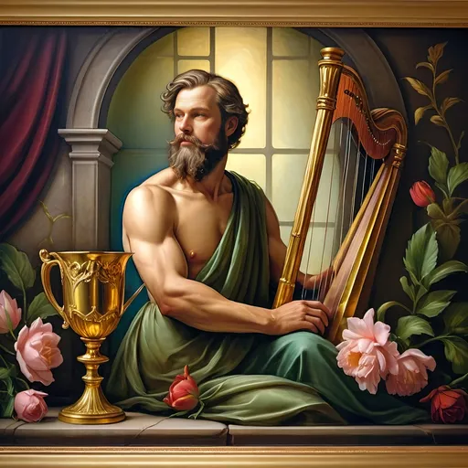 Prompt: (Seven Wonders Art Glass Studio), oil painting, (honoring Nuit), a man with a beard, holding a harp, glass of wine, golden cup beside him, (Ditlev Blunck), neoclassicism, classical painting, Flemish Baroque style, high detail, rich colors, warm glowing light, serene atmosphere, capturing tradition and reverence, elegant background with ethereal elements, ultra-detailed composition, masterful artistry.