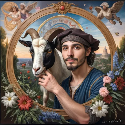 Prompt: A Seven Wonders Art Glass Studio renaissance oil on canvas painting of a man with a goat's head in a circle surrounded by flowers and plants.  Honoring Nuit Spring Equinox 1640