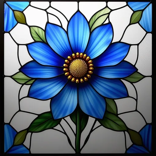 Prompt: (A Seven Wonders Art Glass Studio stained glass window), featuring a radiant flower at its center with lush blue petals, heightening the vibrant colors of intricate designs. (Exquisite detail), showcasing the beauty of the arts and crafts movement and sentence Baroque style, enveloped in softly diffused light. (Ultra-detailed, high quality), emphasizing rich textures and patterns for a breathtaking visual impact.