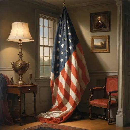 Prompt: a large american flag draped in a room with a window and a lamp on the side of the room, Benjamin West, american scene painting, highly detailed oil painting, a fine art painting