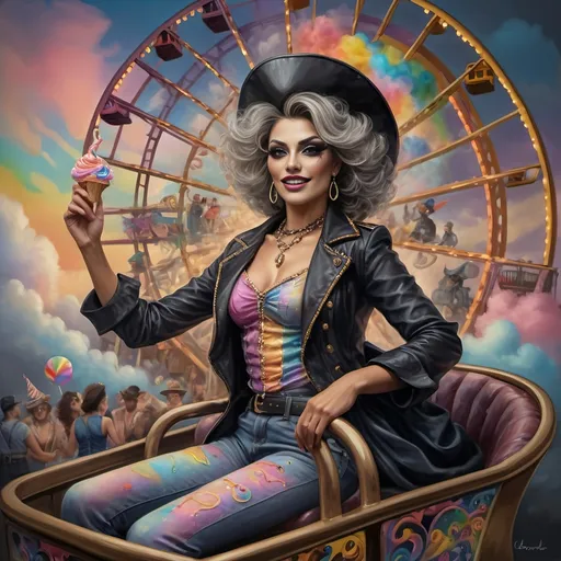 Prompt: (honoring nuit), a mesmerizing painting of colorful drag queens exuding joy and fabulousness while riding a roller coaster, vibrant (rainbow) painted on the side, a whimsical ferris wheel creating a festive atmosphere in the background, whimsical cotton candy clouds, (dynamic movement), warm pastel colors enhancing the lively scene, ultra-detailed, high-quality artwork capturing a celebratory ambiance.