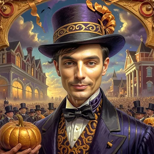 Prompt: art deco style portrait of a (man in a top hat) holding a (pumpkin), (still life) honoring Nuit, (magician), (intense magic) for all hallows eve, (vibrant color scheme), (sky background with clouds), digital painting by (Alejandro Burdisio), (gothic art), (highly detailed), character portrait, (dynamic and whimsical ambiance), (ultra-detailed), (4K).