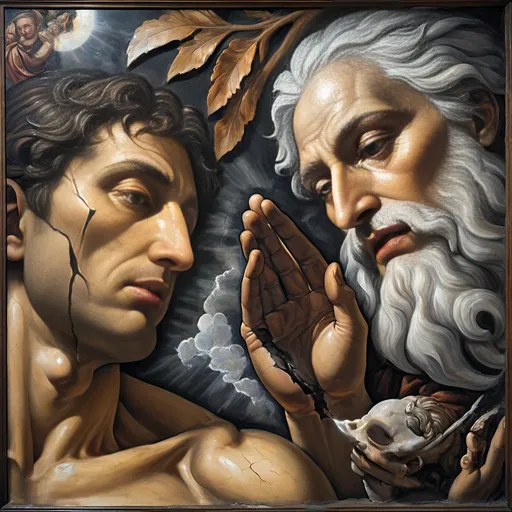 Prompt: (renaissance oil mural), dark color scheme, detailed still life, (close-up) of Adam with porcelain-like cracked face, spiritual themes, God figure, Adam expressing farewell, spirits releasing, dramatic lighting, intricate textures, somber yet profound atmosphere, ethereal elements, ultra-detailed, high quality, deep emotional resonance in depiction.