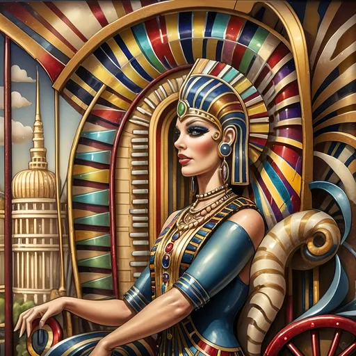 Prompt: (A Seven Wonders Art Glass Studio oil masterpiece) Art Deco style, vibrant color scheme, a lively group of drag queens in extravagant clothing, ascending a fantastical roller coaster in Liberty Park, joyful expressions, others on a colorful Ferris wheel, overlooking local attractions, honoring Nuit, dynamic composition, rich details, luxurious textures, atmospheric vibrant lighting, ultra-detailed, celebratory ambiance.