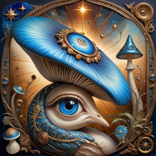 Prompt: (7 Wonders Art Glass Studio masterpiece), oil painting, (honoring Nuit), magical mushroom, (vibrant blue shell), (striking blue eye), Eye of Horus, rich textures, dreamy atmosphere, whimsical background, stars and cosmic elements, (ethereal lighting), enchanting details, high-quality, ultra-detailed composition, surreal and imaginative style.