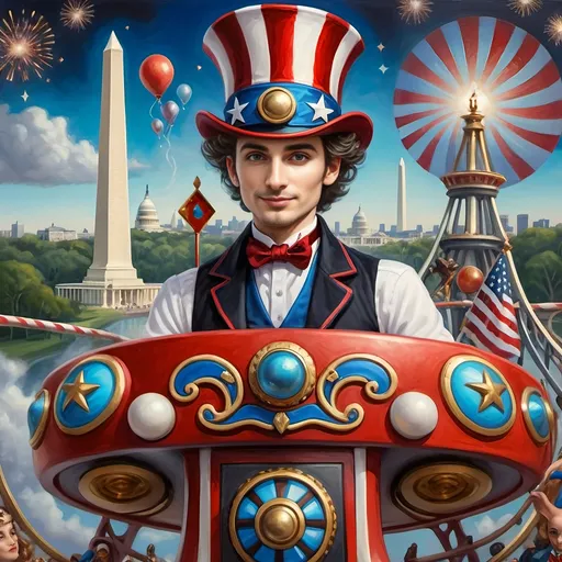 Prompt: (Acrylic painting of a magician man), wearing a (patriotic top hat), joyfully riding a (whimsical rollercoaster) in Liberty Park, with (HD details), vibrant colors, and enchanting motifs. The scene features the (Washington Monument) in the background, as well as the phrase (accurately spelled text "Yankee Doodle"). An aura of celebration and magic surrounds the image, honoring Nuit and the Aeon of Horus.