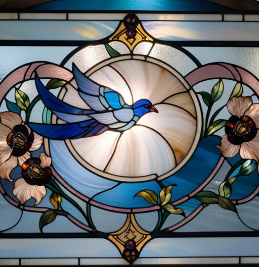 Prompt: A Seven Wonders Art Glass Studio large stained glass window design honoring Nuit.  Constructed using copper foil and solder method, a bird with a yellow and red tail and wings.  Art Deco design including colors of the period.