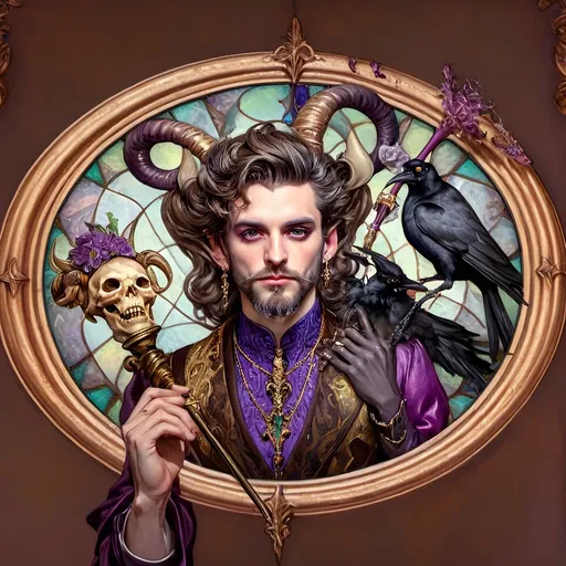 Prompt: Art Nouveau (style), pastel color scheme, a (man magician satyr) with (horns), holding a (skull) in one hand, a (crow perched on his shoulder), elegant pose, stylized cane topped with a (skull orb), intricate stained glass patterns and porcelain influences in the background, dreamy ambiance, (fluid lines), detailed, smooth textures, high quality, ultra-detailed watercolor techniques.