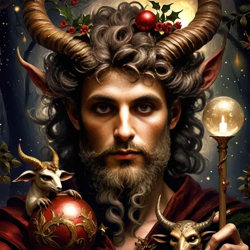 Prompt: A (captivating) oil painting depicting a (mysterious magician) with a (horned head), a (bird perched gracefully on his shoulder), holding a (beautifully crafted cane) and an (orb in his hand), beautifully capturing themes of (fantasy) and (transformation). Character portrait-style, influenced by (Clint Cearley's) signature artistry, with ethereal hues and (vivid detailing) honoring the legendary figures of (Pan and Nuit), set against a dreamy, (surreal background) that evokes wonder.